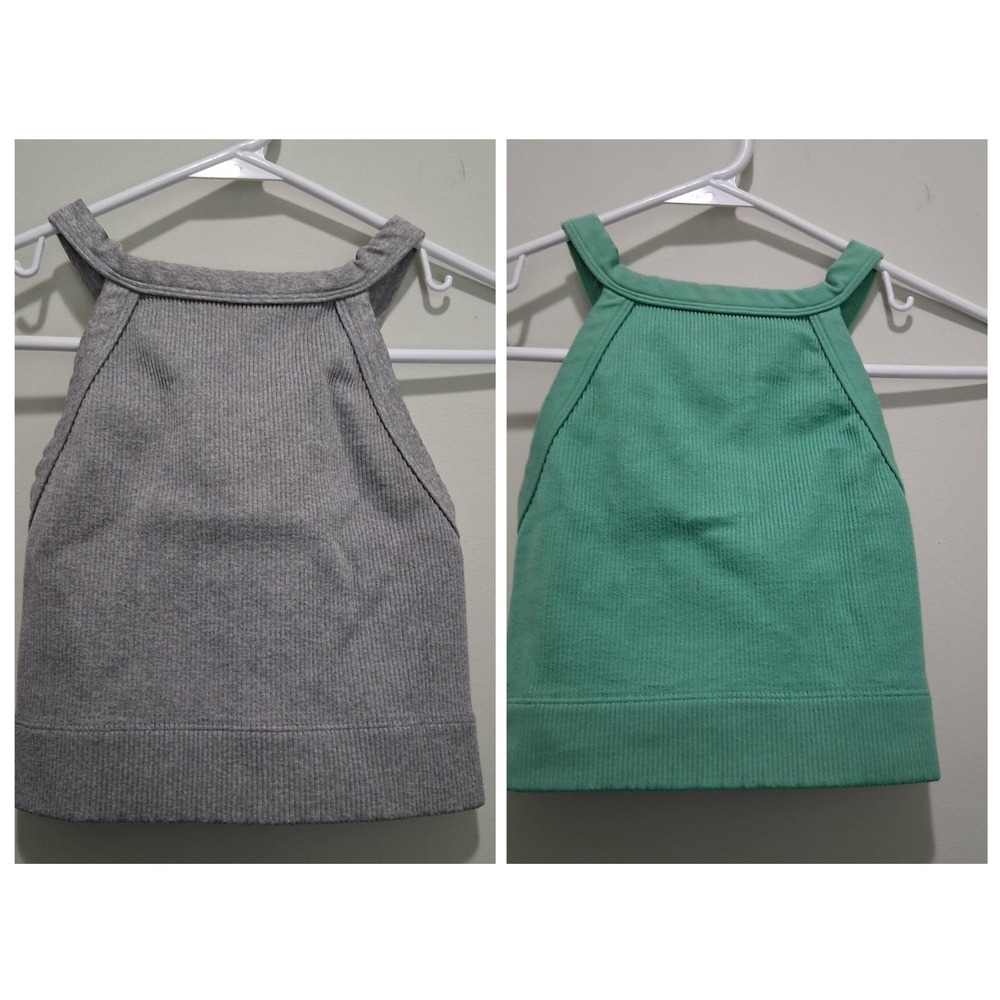 Gilly Hicks XS Ribbed Seamless Crop Top 2 Pack Gray Green High Neck Cross Back